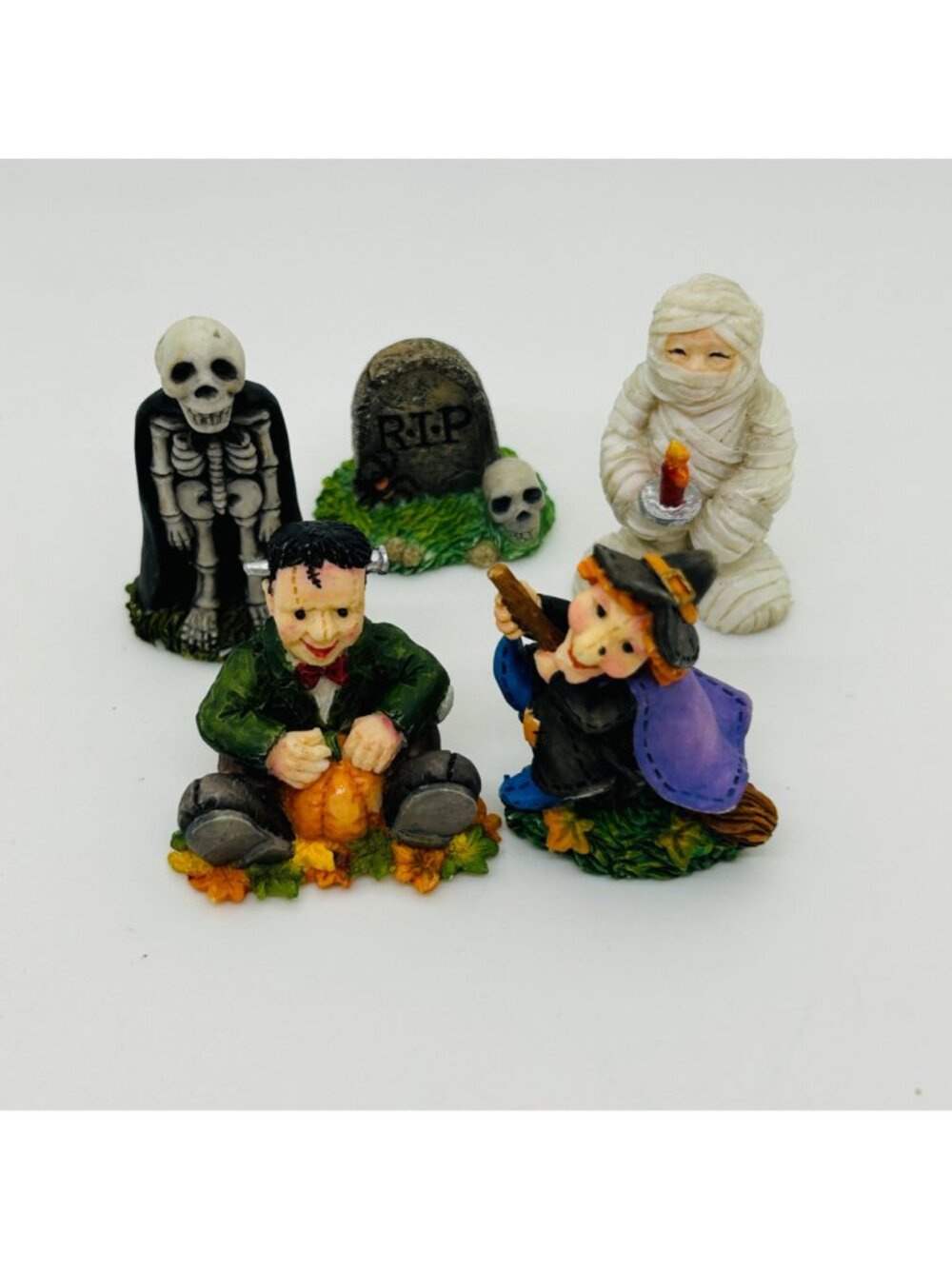 Vintage Enesco Miniature Halloween Figurine Witch Frankenstein Skeleton Mummy - Picture 8 of 16
